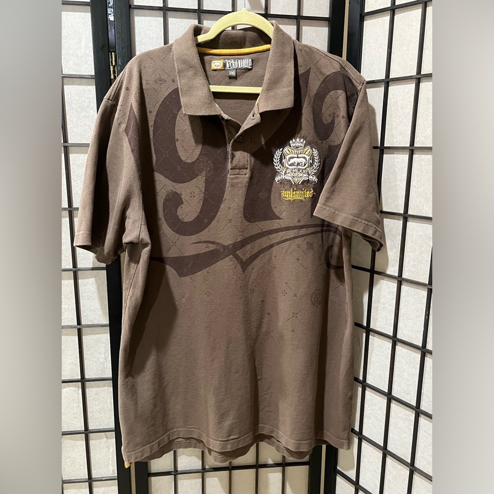 ECKO UNLTD RHINO GRAPHIC POLO SHIRT, BROWN COLORWAY MEN SIZE 2X